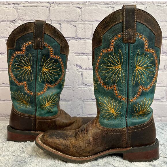 Laredo Cheyenne Western Boots Teal Yellow Leather Cowgirl Farm Size 7M - Picture 10 of 14